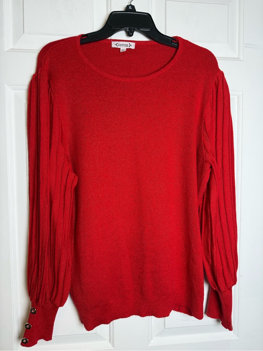 Nanette Lepore Shimmery Red Metallic Knit Balloon Sleeve Sweater Button Cuffs 2X